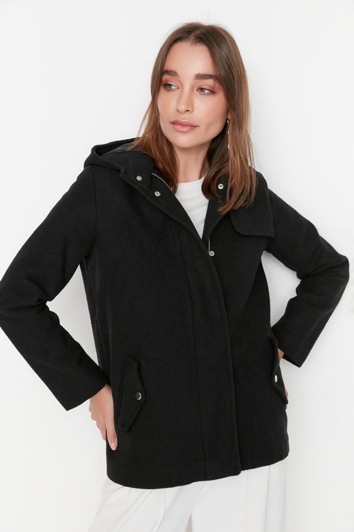 Trendyol Collection-Palton negru cu glugă, cu fermoar, ștampilă TWOAW21KB0015 2