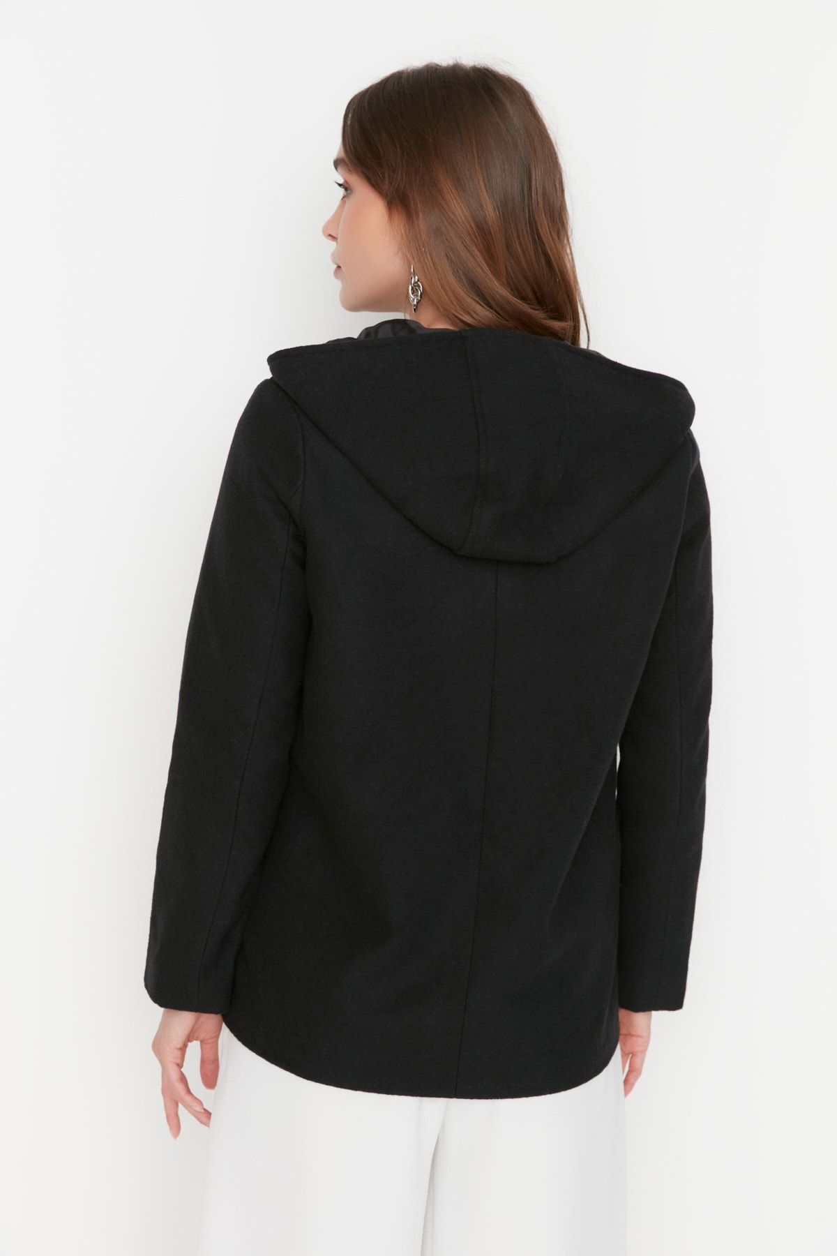 Trendyol Collection-Palton negru cu glugă, cu fermoar, ștampilă TWOAW21KB0015 5
