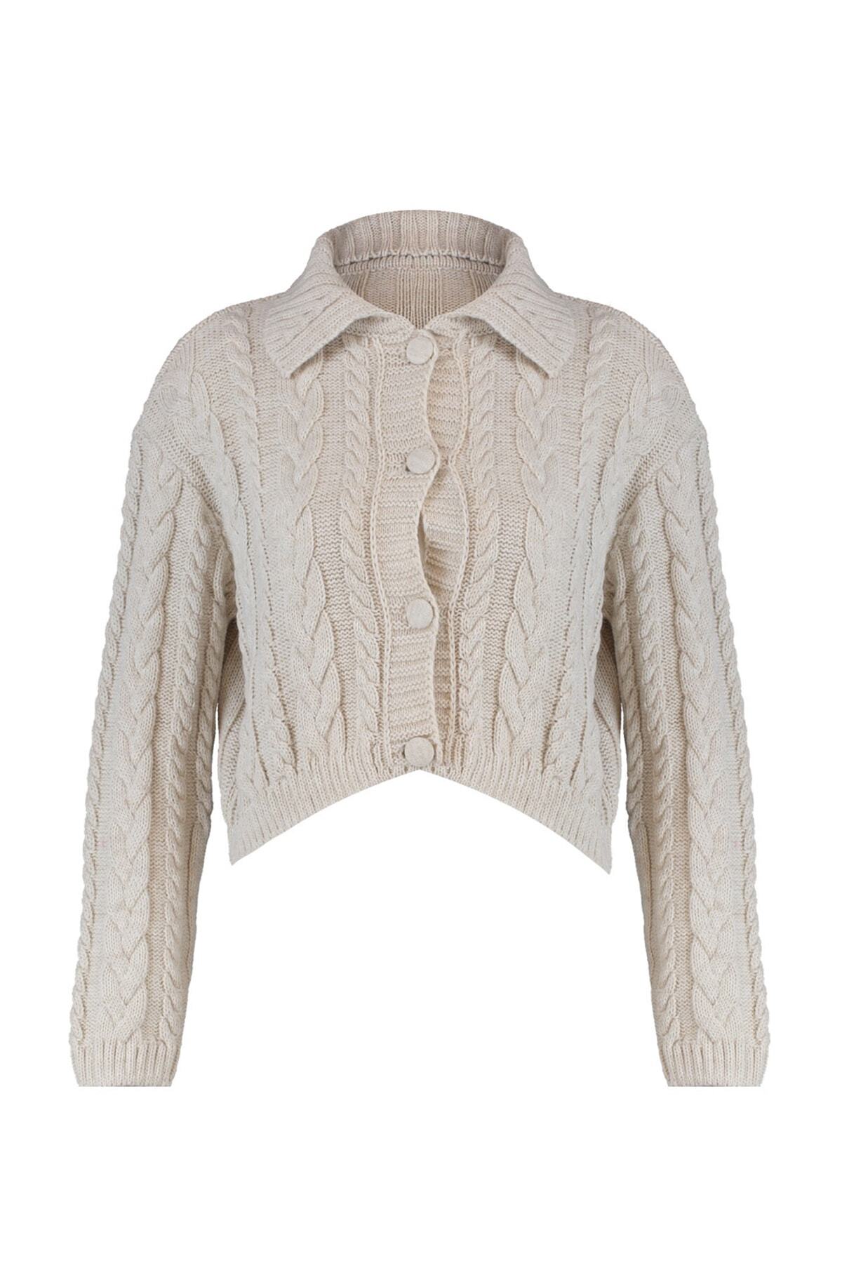 Trendyolmilla  Taş Crop Polo Yaka Triko Hırka TWOAW22HI0448 - Görsel 7