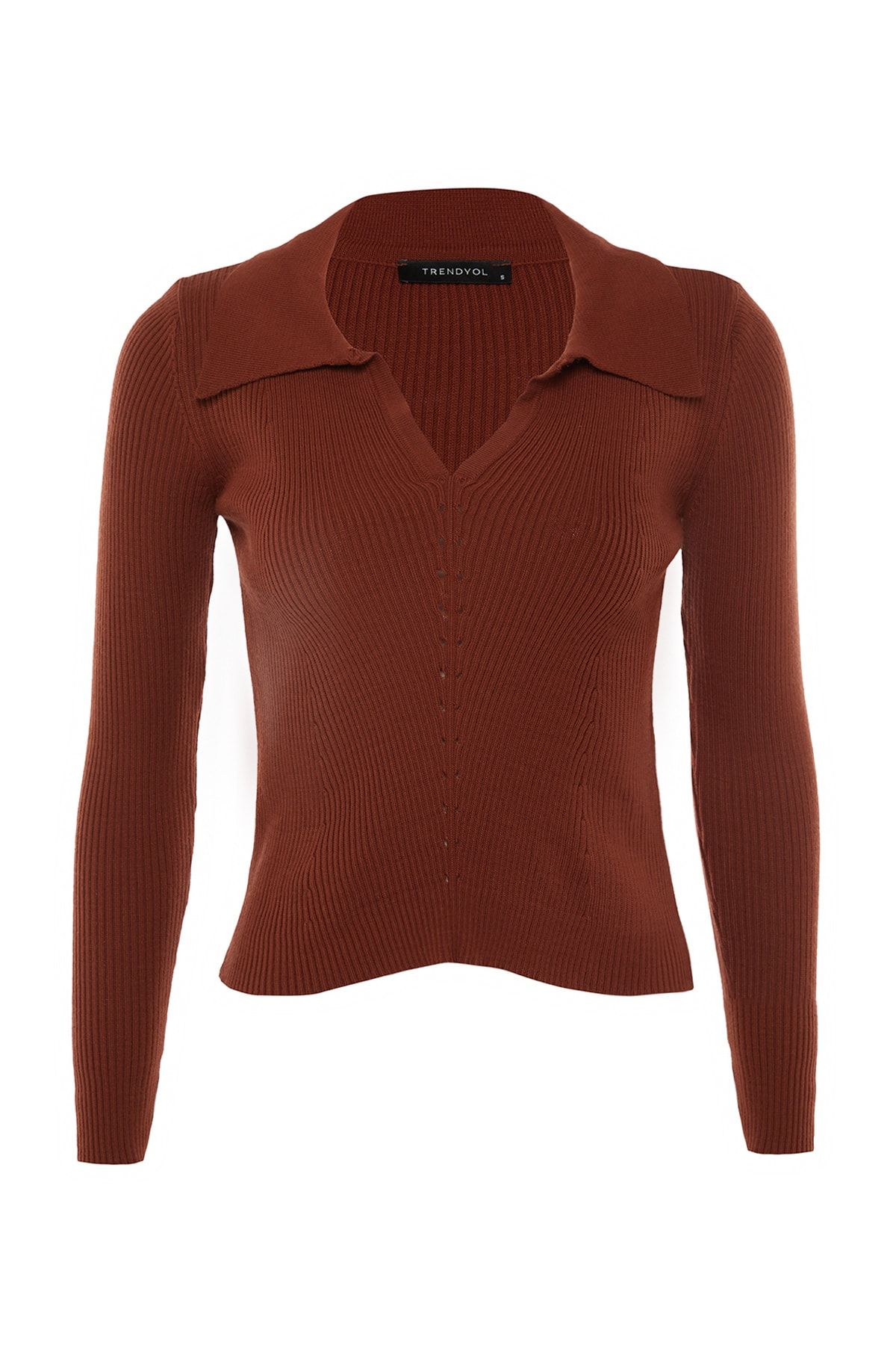 Trendyol Collection-Brązowy sweter z kołnierzykiem i dzianinowym wzorem 11