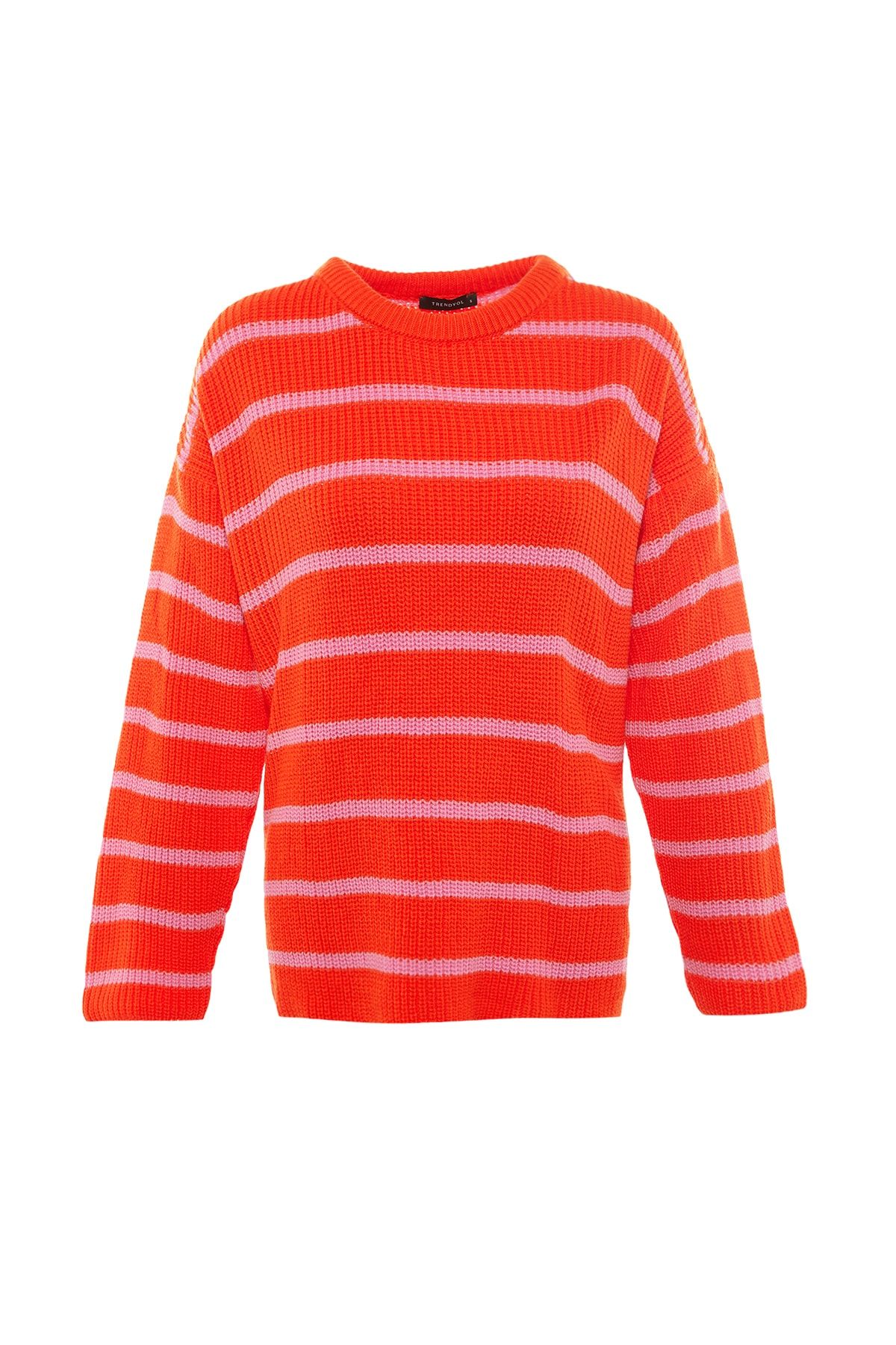 Trendyol Collection-Orange gestreifter Oversize-Strickpullover 8
