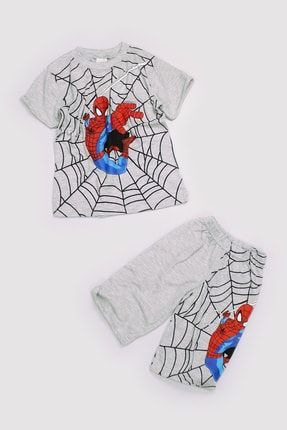 Yazlık Erkek Çocuk %70 Pamuk Dar Kalıp Spider Baskılı Tişört Şort Ikili Takım 13256