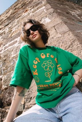 Eazy Yeşil Keep Growing Unisex Extra Oversize Baskılı Kısa Kollu T-shirt Eazy 5051
