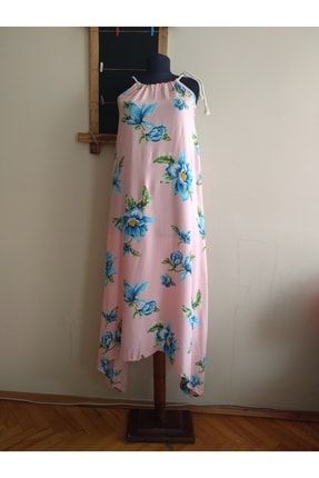 Ip Askılı Asimetrik Elbise- Pembe Çiçekli İpas1