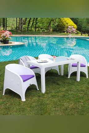 Rattan 80x140cm 4lü Camlı Bahçe Mutfak Masa Takımı Beyaz BAGLI03021