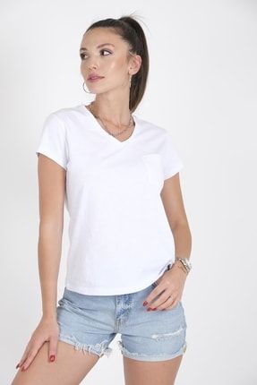 Kadın V Yaka Pamuklu Cepli T-shirt Beyaz 22sw356 22SW356