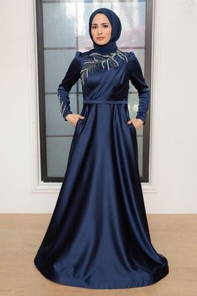 Tesettürlü Abiye Elbise - Boncuk Işlemeli Lacivert Saten Tesettür Abiye Elbise 22401l EGS-22401