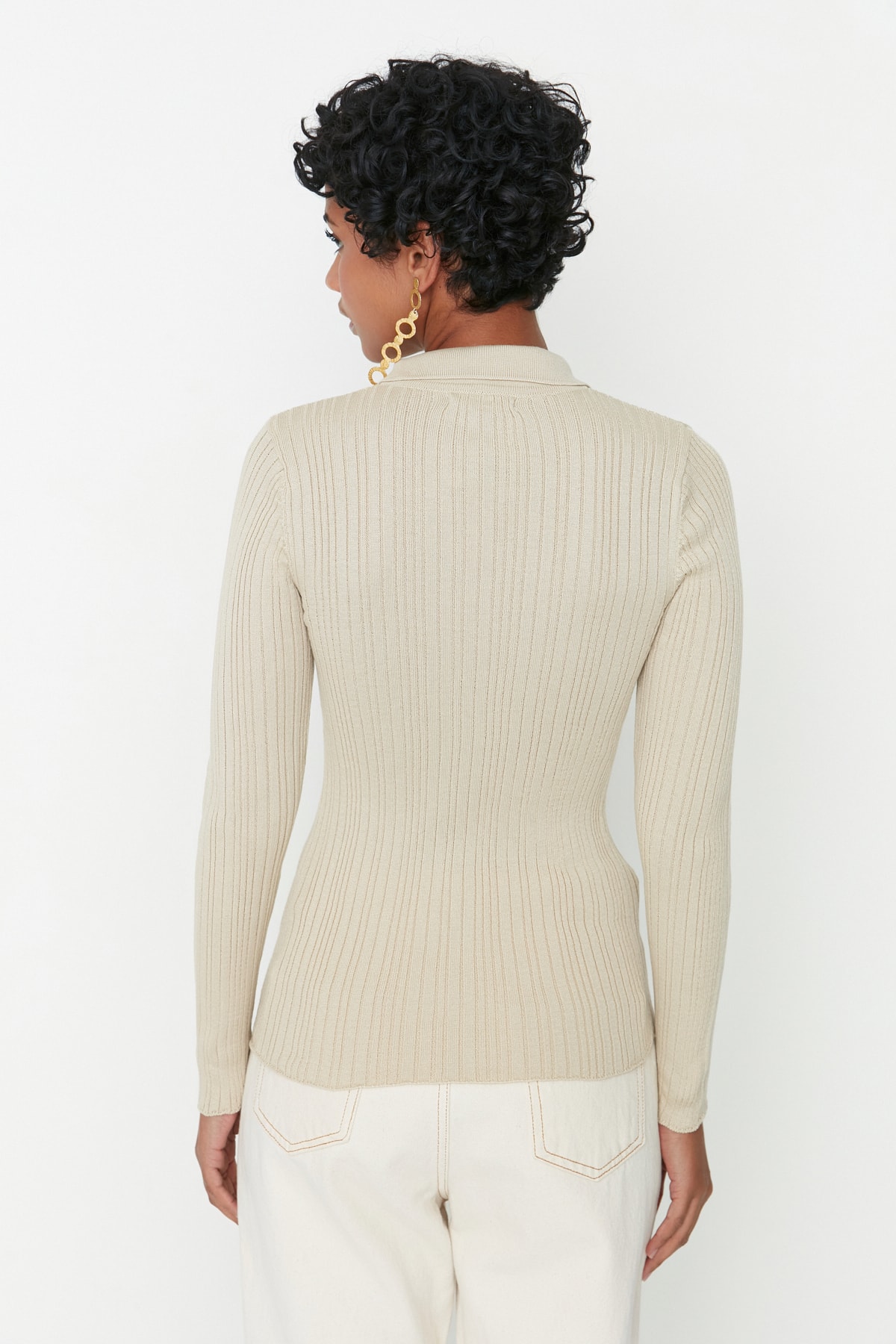 Trendyolmilla  Taş Merserize Görünümlü Fitilli Polo Yaka Triko Hırka TWOAW20HI0070 - Görsel 5