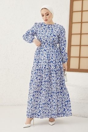 Leniva Çiçekli Kuşaklı Elbise - Indigo MS00AN305001