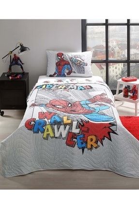 Lisanslı Kapitoneli Tek Kişilik Çocuk Yatak Örtüsü (160x230)-spiderman Wall Gri MSTK09549