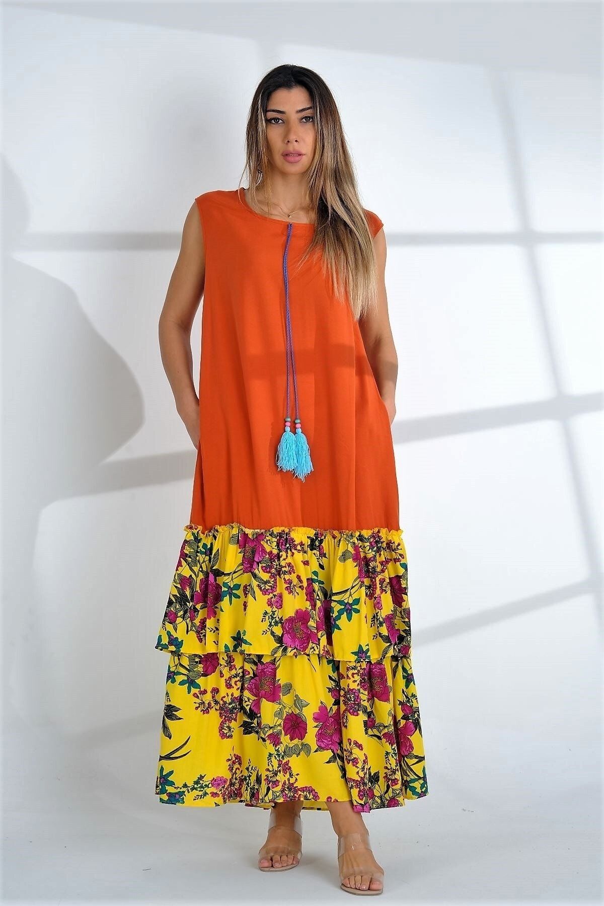 Keyifli Moda Women s Orange Sleeveless Tassel Pocket Floral Ruffle