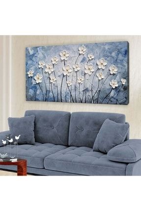 Mavi Zeminli Beyaz Papatyalar - Kanvas Tablo 60x120cm-hykvs-441 HYKVS-441