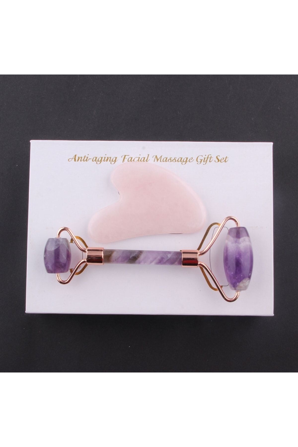 ست ماساژ غلتکی سنگ طبیعی آمتیست و سنگ طبیعی کوارتز صورتی قلب Gua Sha Ma021 OSMANLI DOĞAL TAŞ