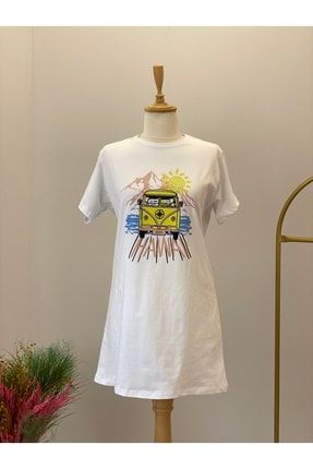 Kadın Oversize Pamuklu Sarı Minibüs Baskılı T-shirt 66 SARI MİNİBÜS