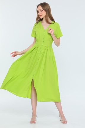 Fıstık Yeşili Kadın V Yaka Kısa Kollu Ön Yırtmaçlı Elbise P-039814
