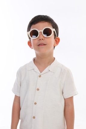 Iskandinav Model 3-10 Yaş Çocuk Güneş Gözlüğü Kemik Beyaz Yuvarlak Çerçeve Kahvrengi Cam İthal Yuvarlak