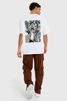 Gang Serıes Erkek Beyaz Oversize Pablo El Patron Baskılı T-shirt VBS-PABLOPATRON