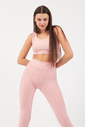 Kadın Toz Pembe Zincir Örme Desenli Kalça Kaldırma Pushup Toparlayıcı Yüksek Bel Tayt Atlet Takım TMBR21T1V4