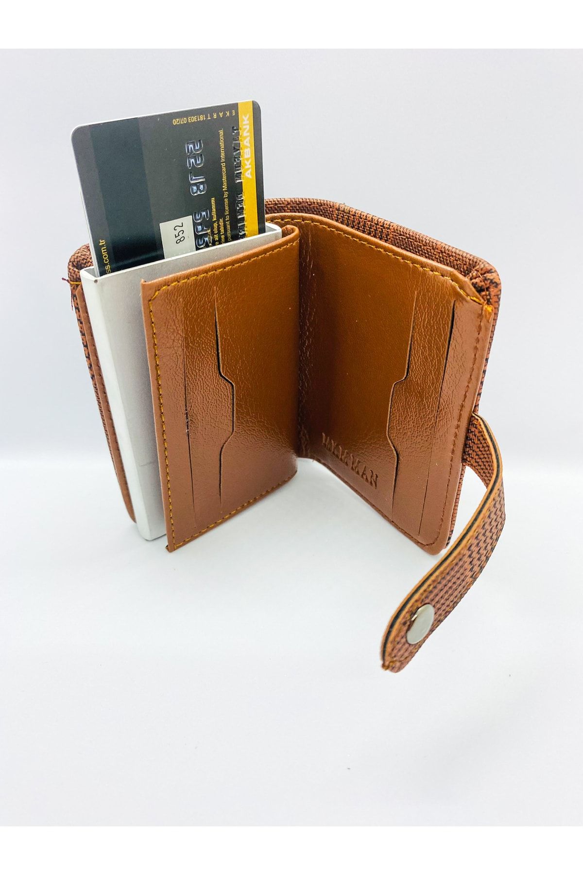 MKM-Plaid Patterned Tan Men's Card Holder Wallet with Automatic Mechanism 3