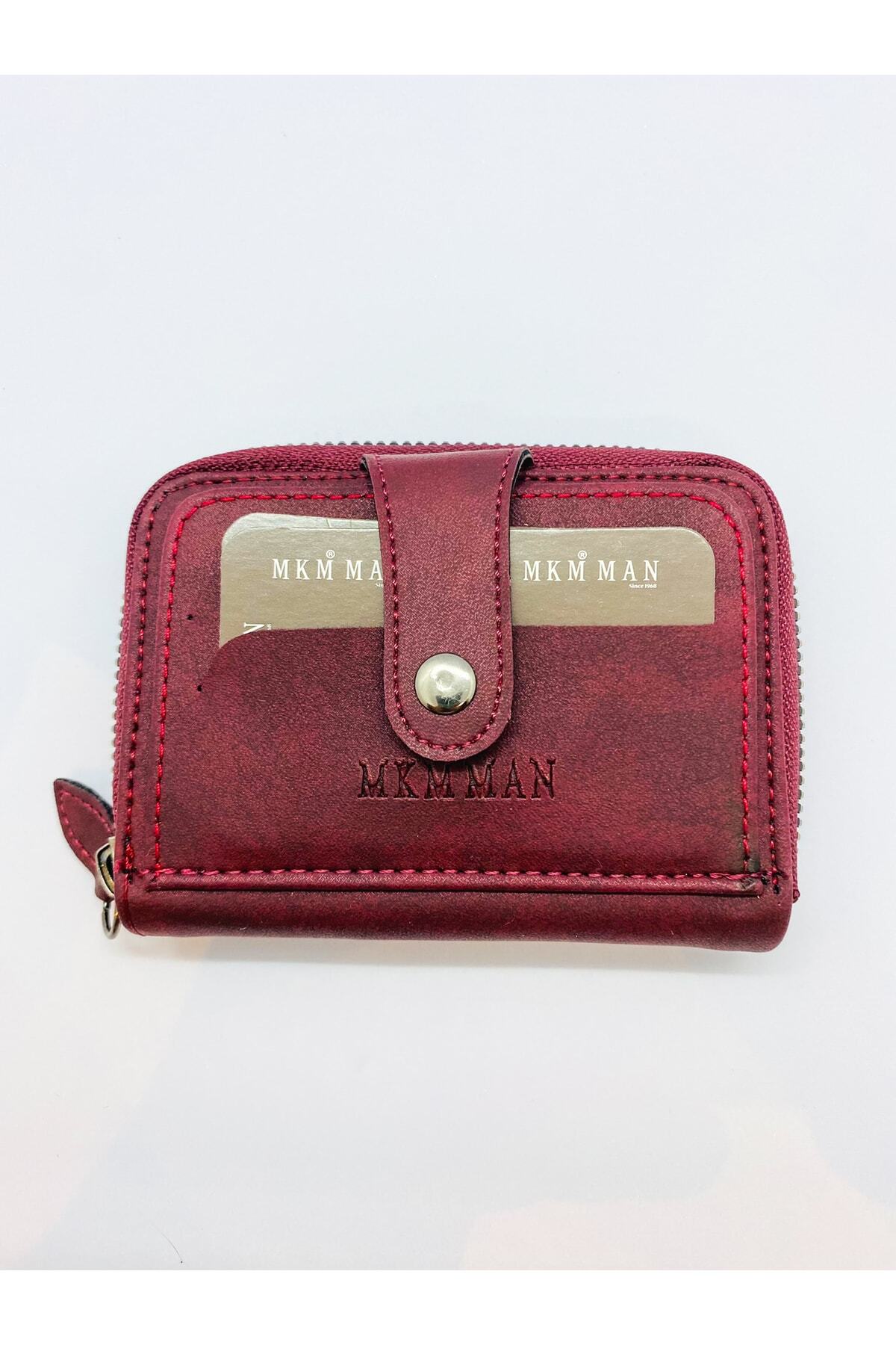 MKM-Nubuck Leather Zippered Unisex Claret Red Card Holder Wallet 2