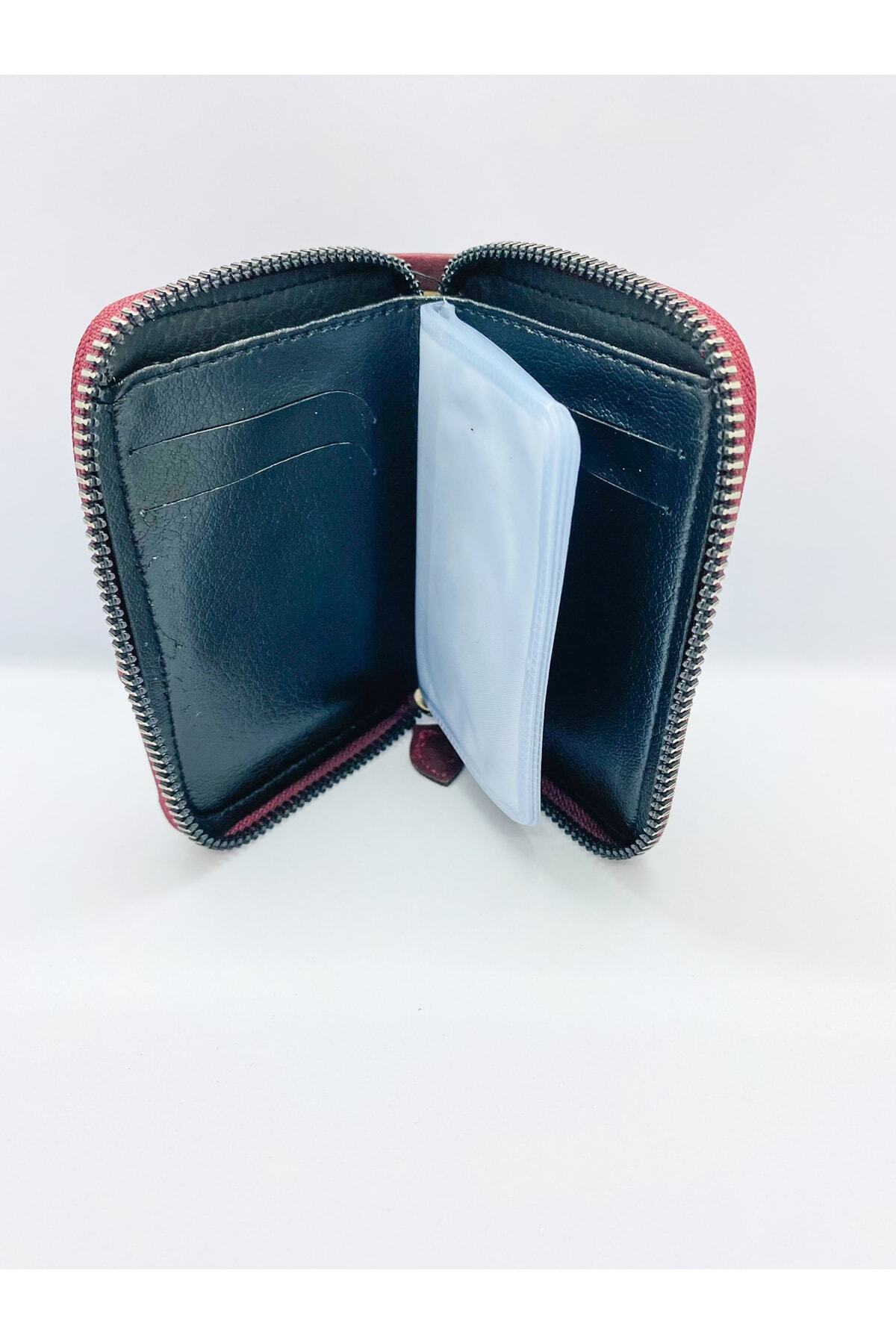 MKM-Nubuck Leather Zippered Unisex Claret Red Card Holder Wallet 3
