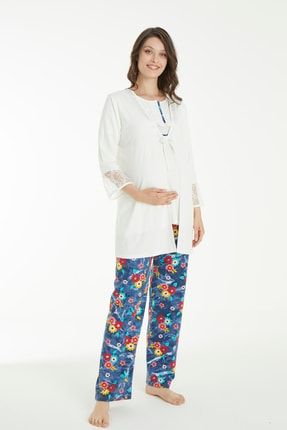 Beyaz Sabahlıklı Lohusa Ve Hamile Pijama Takımı 4101