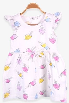 Kız Çocuk Elbise Dondurma Desenli Fiyonklu Ekru KIZELB9