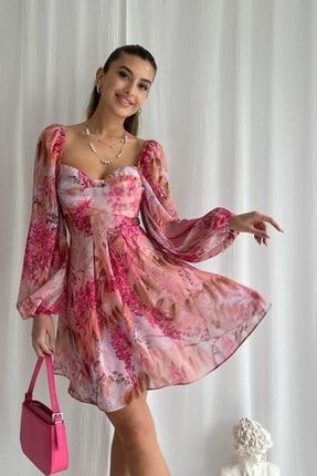 Göğüs Dolgulu Çiçek Desenli Astarlı Şifon Kumaş Çan Kesim Pembe Abiye Elbise Mezuniyet Elbisesi 040 MC-SD-040