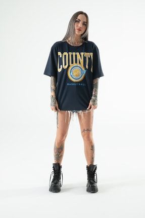 Kadın Oversize Lacivert County T-shirt afro-county-12