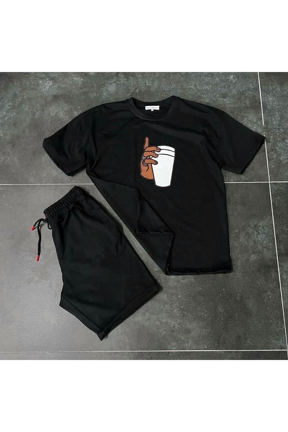 Baycombine35 Unisex Paper Cup Baskılı Siyah T-shirt ve Siyah Şort Sporcu Kombin