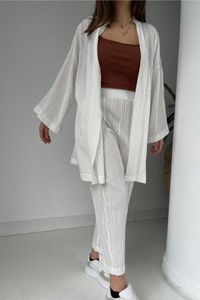 Beyaz Gofre Kimono Alt-üst Takım GITAU001