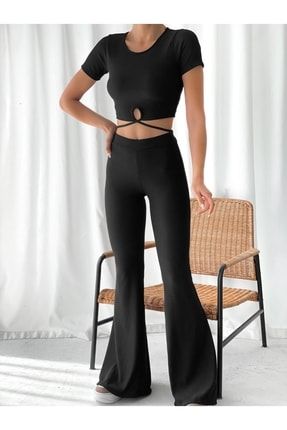Kadın Siyah Ispanyol Paça Pantolon Ip Detaylı Crop Alt Üst Takım GD013