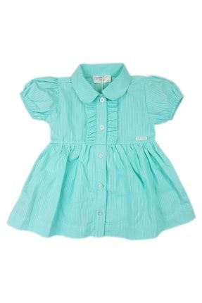 Kız Bebek Turkuaz Gömlek Yaka Önden Düğmeli Fırfırlı Kendinden Külotlu Elbise YB247