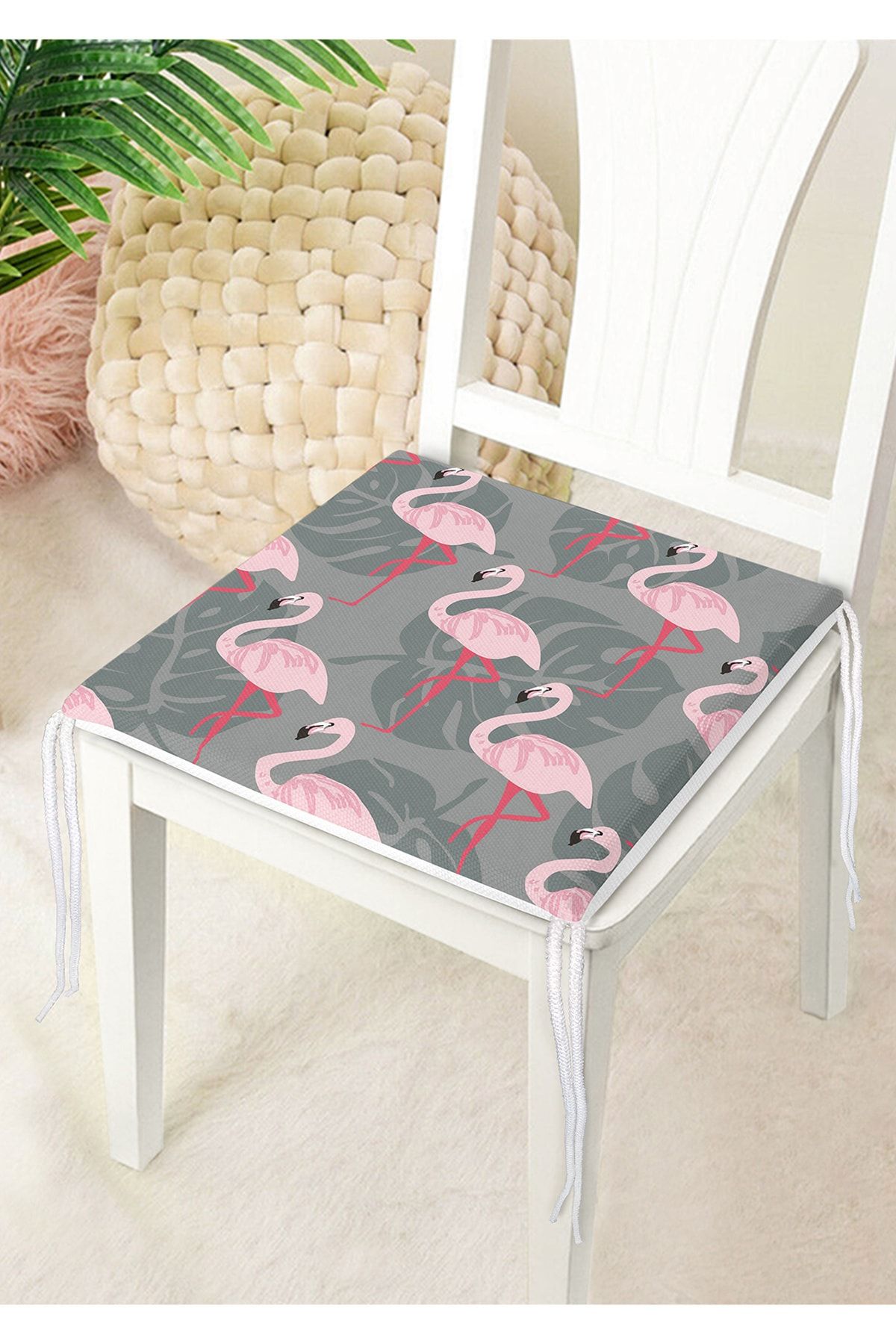 Nish & Royal-Flamingo Patterned Digital Printed Zippered Chair Cushion 1
