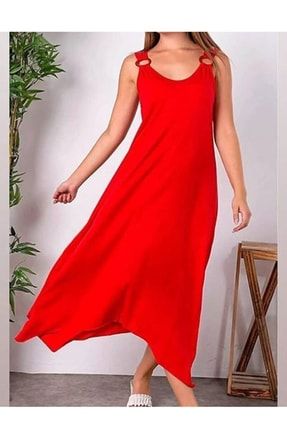 Kadın Kırmızı Askılı Omuz Tokalı Asimetrik Elbise 1060-56