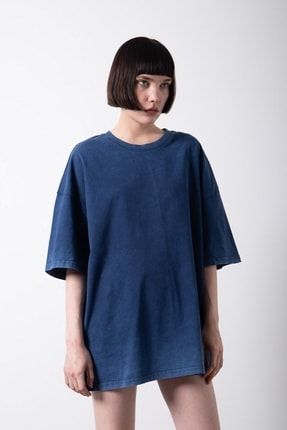 Kadın Oversize Basic Yıkamalı Kumaş T-shirt Indigo WM1517