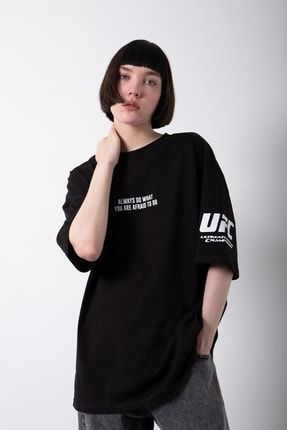 Kadın Oversize Ufc Baskılı Pamuklu T-shirt Siyah WM1677