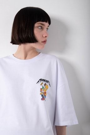 Kadın Oversize Munchies Baskılı Pamuklu T-shirt Beyaz WM1617