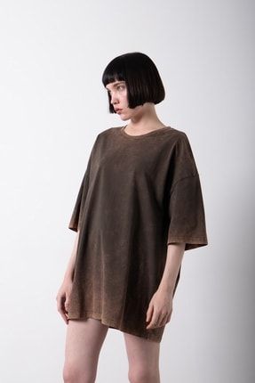 Kadın Oversize Basic Yıkamalı Kumaş T-shirt Kahve WM1517