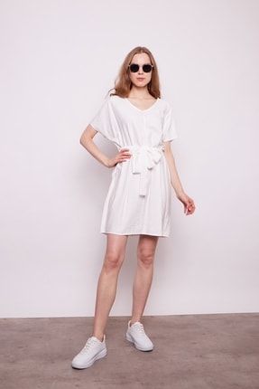 Iç Göstermez Yazlık Viskon Poplin Kumaş Düşük Omuz Beli Bağcıklı Küt Elbise-beyaz 50125