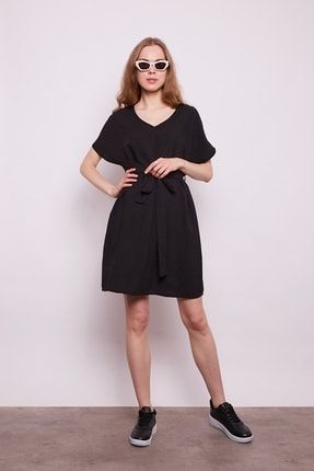 Iç Göstermez Yazlık Viskon Poplin Kumaş Düşük Omuz Beli Bağcıklı Küt Elbise-siyah 50125