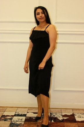 Kadın Siyah Yırtmaçlı Diz Altı Elbise KSYDAE10