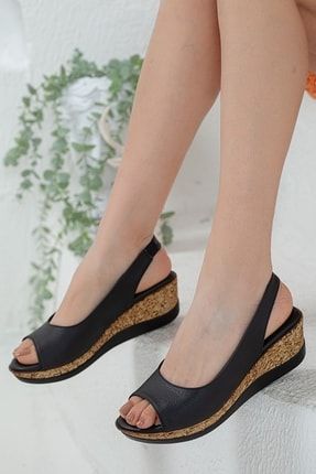 Kadın Siyah & Tek Bant Platform Topuklu Açık Yazlık Mantar Sandalet Ayakkabı - Topuk 5 Cm RCTR-SAN-0008