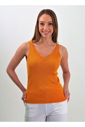 Kadın Turuncu Düz Renk V Yaka %100 Pamuk Slim Fit Triko Bluz FH 513/22