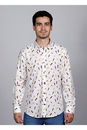 Erkek Gömlek %100 Pamuk Tropikal Desenli Slim Fit Casual Giyim 22119 SLV-22119