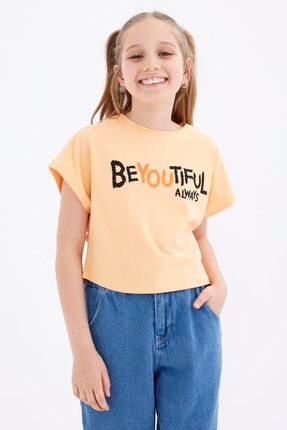 Kavun Içi Oversize Yazı Baskılı O Yaka Kız Çocuk Crop T-shirt T09KG-75035