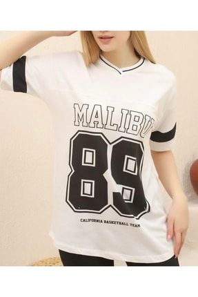 Unisex Beyaz Baskılı Oversize T-shirt MALIBU89-01