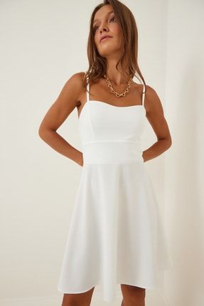 Kadın Beyaz Askılı Likralı Mini Örme Elbise FF00102