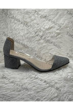 Kadın Siyah-beyaz Simli Şeffaf Kalın Topuklu Ayakkabı 871