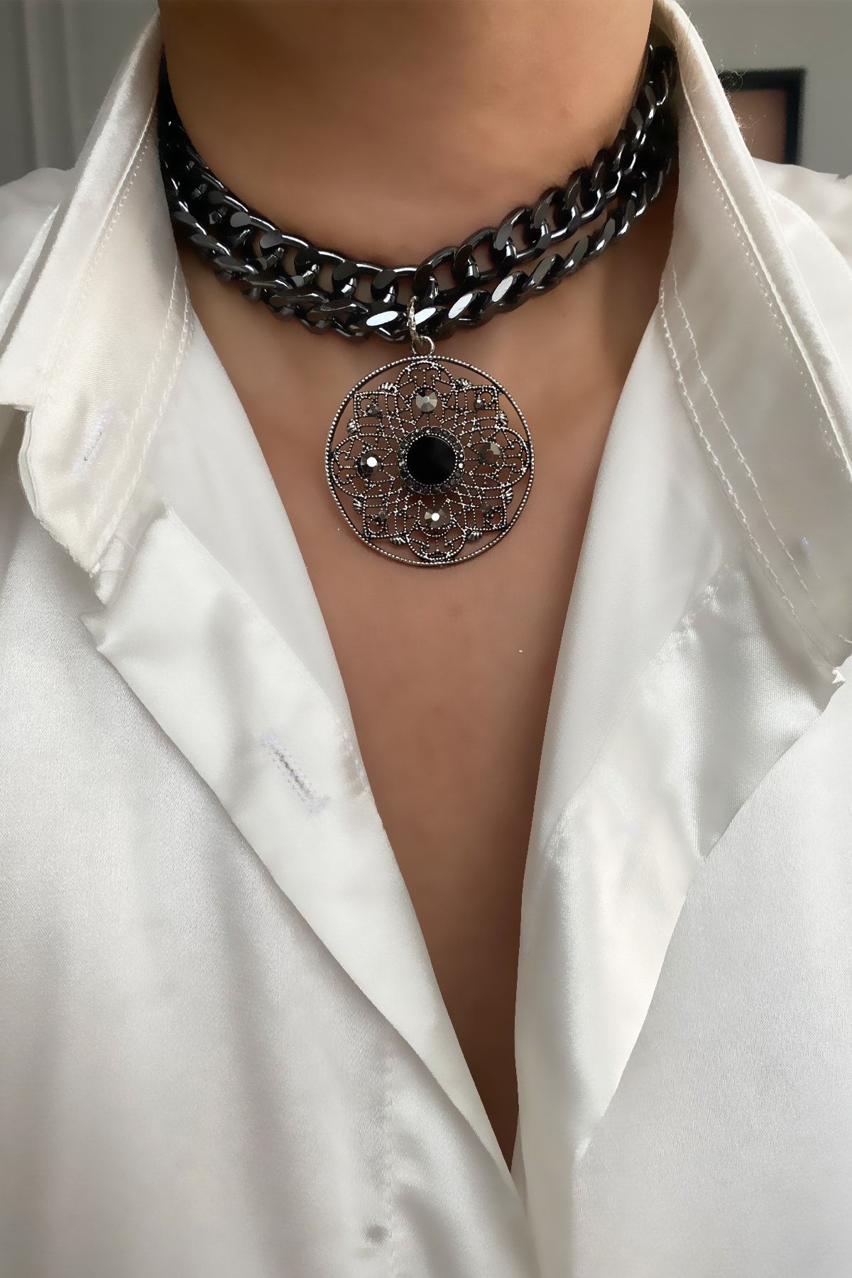 Black double shop choker necklace